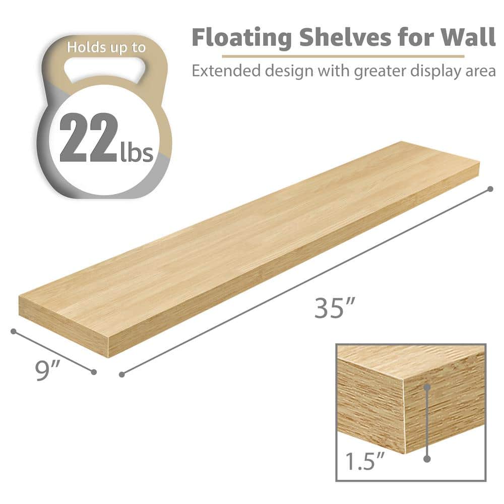 Maple Wood Extra Long Floating Wall Shelves, 35" x 9"