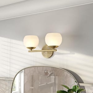 Moon Breeze 15.5 in. 2-Light Brushed Gold Modern Glam Vanity with Etched Opal Glass Shades