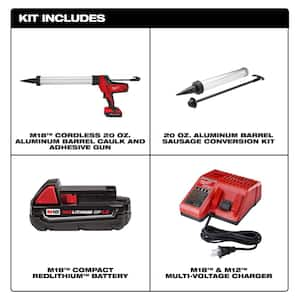 M18 18V Lithium-Ion Cordless 20 oz. Caulk and Adhesive Gun Kit Aluminum Sausage w/(1) 1.5Ah Battery, Charger