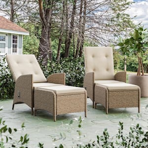 Garda Gas Spring-Assisted Reclining Backrest Wicker Outdoor Dining Chair With Beige Cushions and Ottomans (4-Pack)