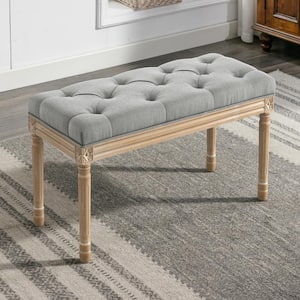 32 in.x 16 in.x 18 in. Gray Wooden Vintage Upholstered Bench with Carved Wood Color Legs, Bedroom Bench