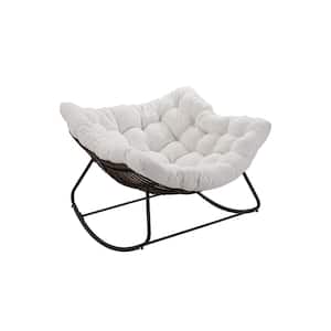 1-Piece Metal Gray Rattan Rope Club Outdoor Rocking Chair with Teddy White Cushion