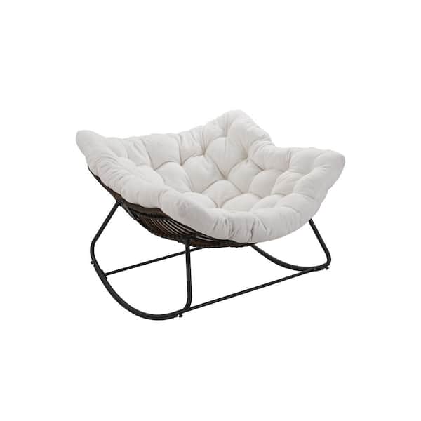 Unbranded 1-Piece Metal Gray Rattan Rope Club Outdoor Rocking Chair with Teddy White Cushion