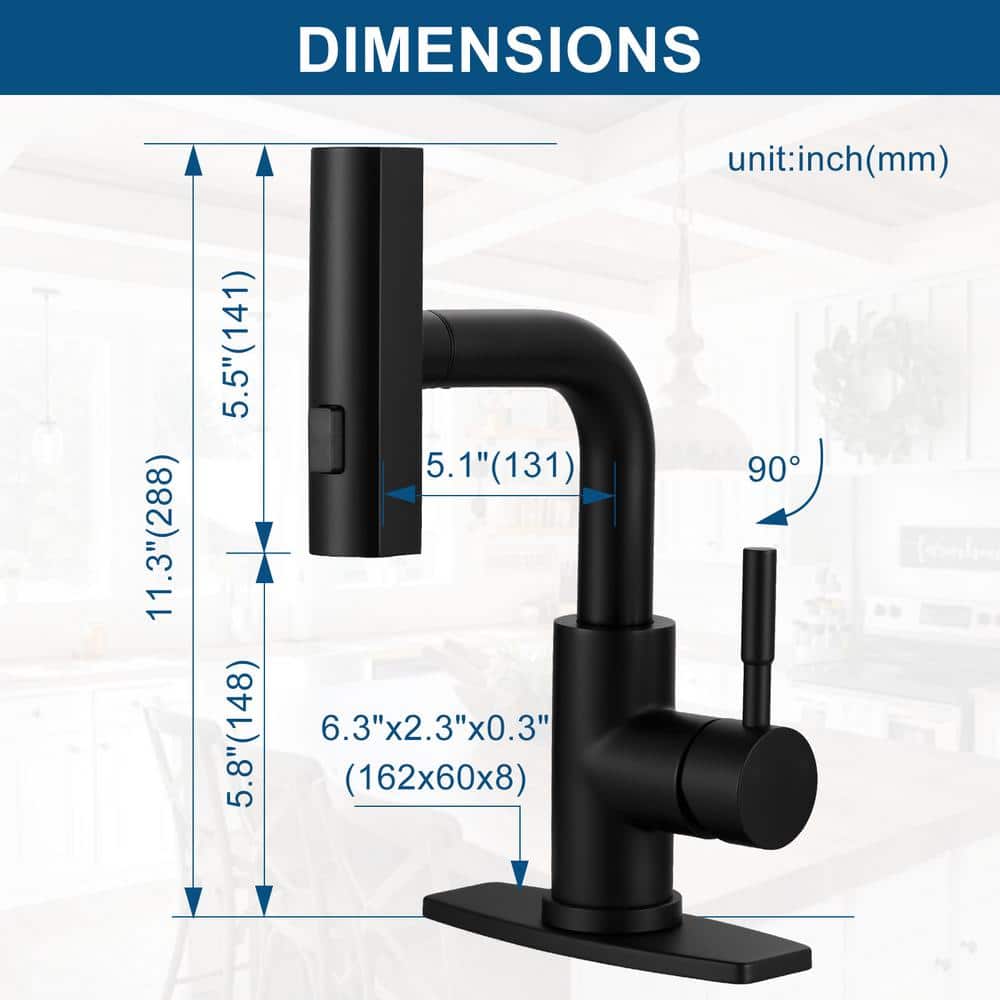 Matte Black Single Handle Pull Down Bar Faucet with Waterfall Spout