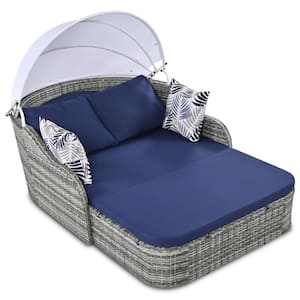 Gray Wicker Outdoor Day Bed with Blue Cushion, Pillows and Adjustable Canopy, Outdoor Sun Bed for Deck, Poolside