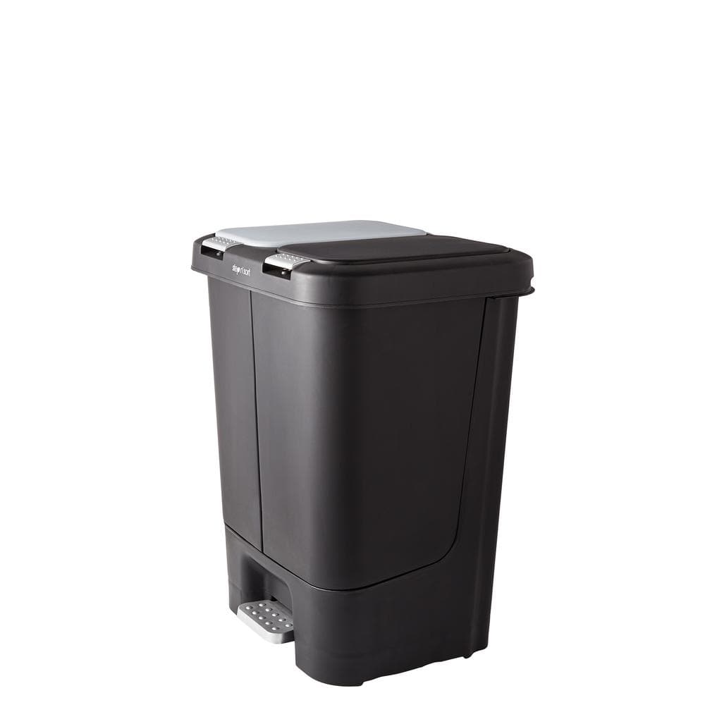 Black Dual Compartment Plastic Step Pedal Trash and Recycling Bin