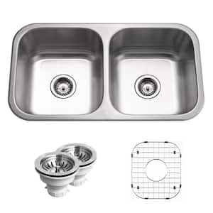Medallion Classic Series Undermount Stainless Steel 32 in. Double Bowl Kitchen Sink With Accessory Combo Pack