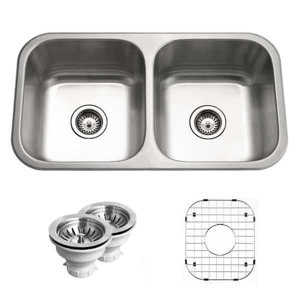 HOUZER Medallion Classic Series Undermount Stainless Steel 32 in. Double Bowl Kitchen Sink With Accessory Combo Pack
