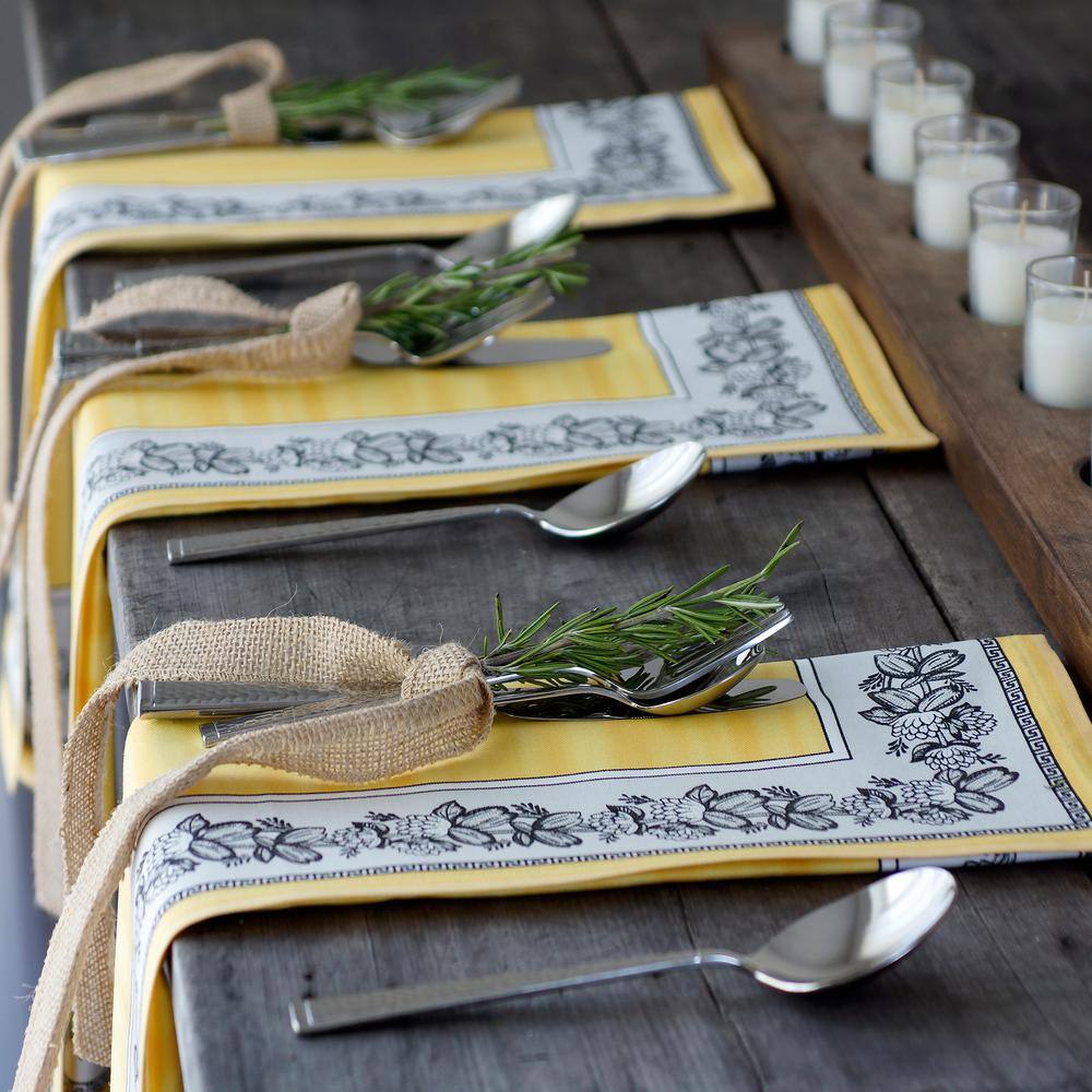 Lemon Yellow Cotton Floral Border Napkins, Set of 4