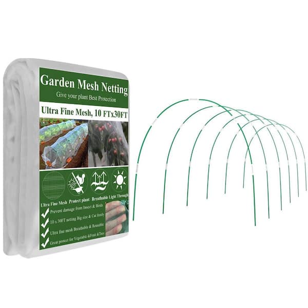 Garden Mesh Netting Kit, 10 x 30 ft. Ultra Fine Netting with 6-Sets Fiberglass Garden Hoops
