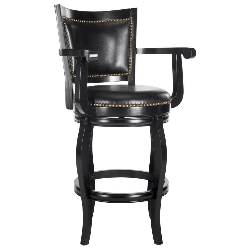 Transitional Black Leather Swivel Bar Stool with Bronze Nailhead Trim