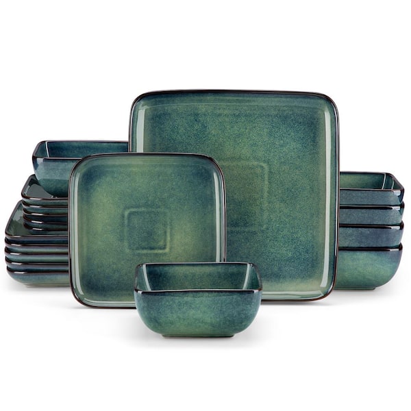 MALACASA 18-Piece Green Stoneware Dinnerware Sets Square Bowls and Plates Set Tableware Dishware Dinner Sets Service for 6