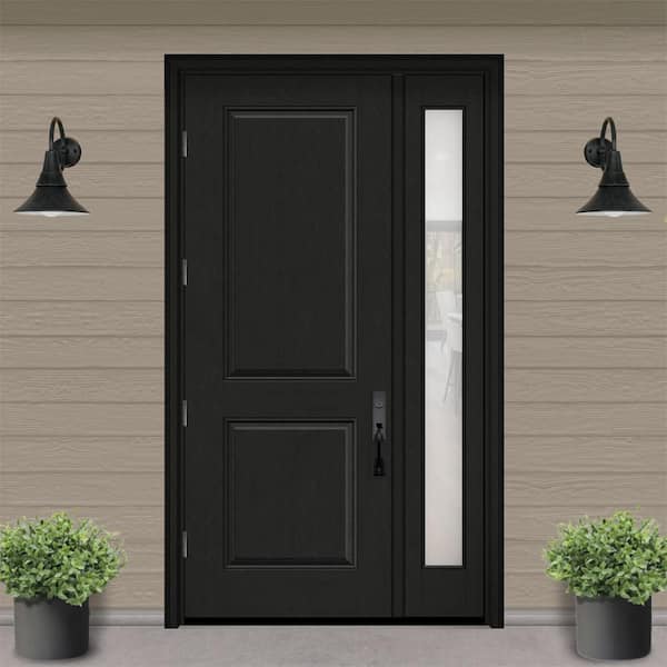 Regency 53 in. x 96 in. 2P Squaretop RHOS Onyx Stain Mahogany Fiberglass Prehung Front Door with Obscure 14in. SL 4-9/16