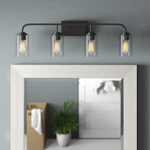 Logan 32 in. 4-Light Matte Black Modern Transitional Wall Sconce with Clear Seedy Glass Shades