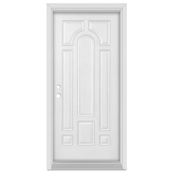Stanley Doors 36 in. x 80 in. Infinity Right-Hand Inswing 8 Panel Finished Fiberglass Mahogany Woodgrain Prehung Front Door