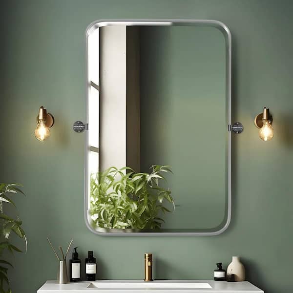 Lirago 23 in. W x 32 in. H Rectangular Metal Framed Pivoted Bathroom Wall Vanity Mirror in Silver