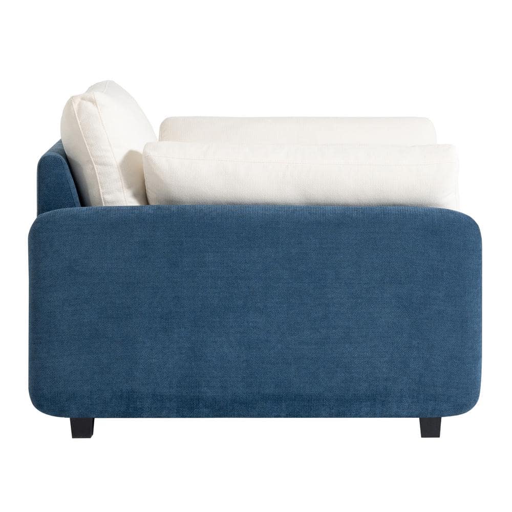 Oversized Blue and Cream Chenille Accent Armchair with Wood Frame