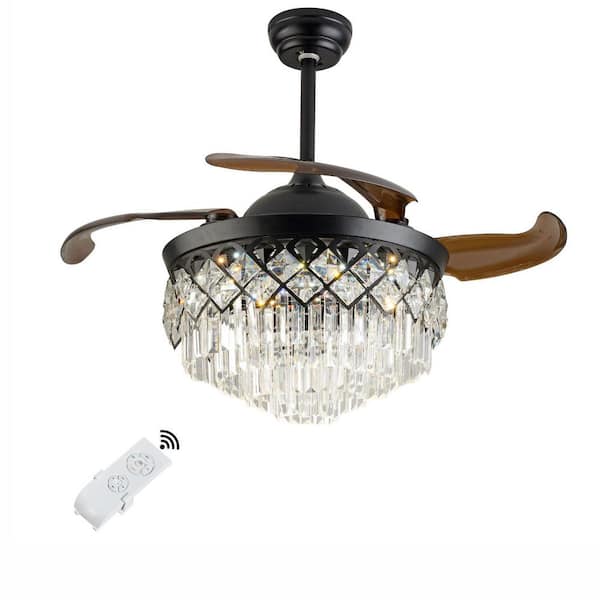 OUKANING 42 in. Integrated LED Indoor Modern Black Crystal Retractable Ceiling Fan with Light kit 3 Lighting Color Varied