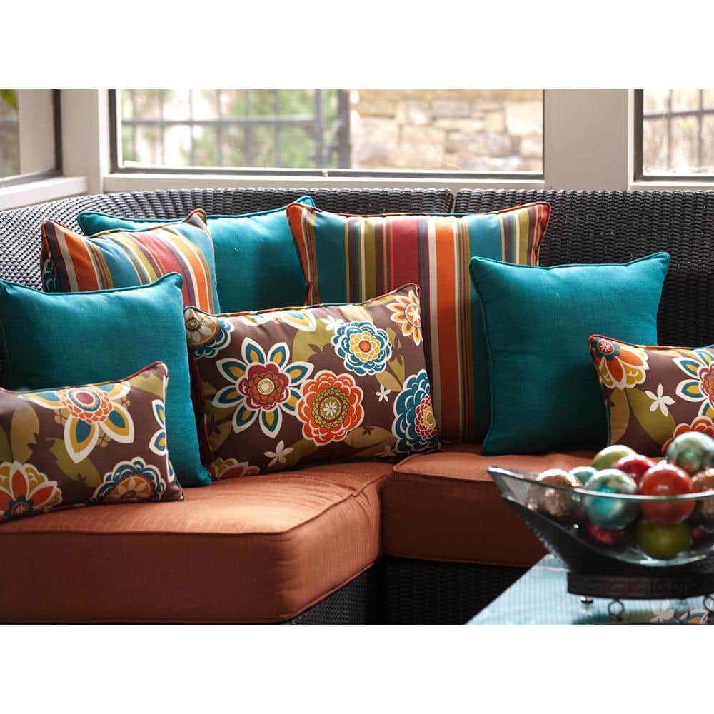 Multicolor Floral and Striped Reversible Outdoor Throw Pillow Set