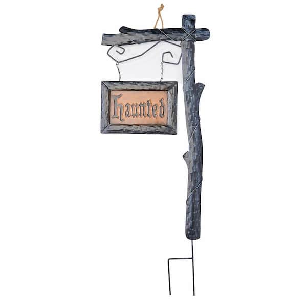 Unbranded 37 in. Metal Halloween Haunted Sign Post Outdoor Yard Stake