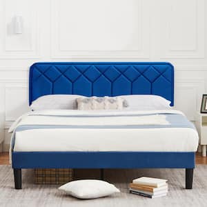 Bed Frame with Upholstered Headboard, Blue Metal Frame Queen Platform Bed with Strong Frame and Wooden Slats Support