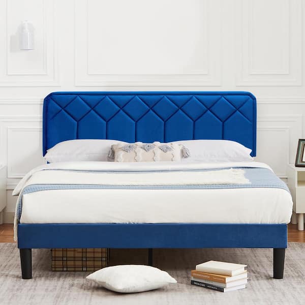 VECELO Bed Frame with Upholstered Headboard, Blue Metal Frame Queen Platform Bed with Strong Frame and Wooden Slats Support