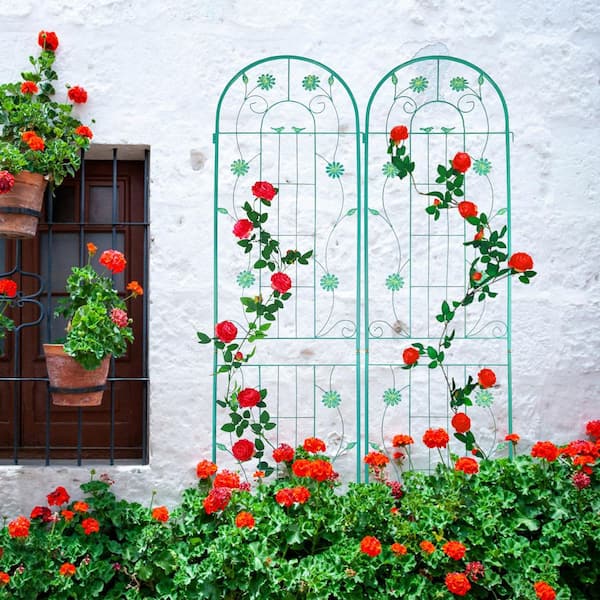 wayofatry 2-Pack 86.7 in. Height Metal Garden Rustproof Trellis Outdoor Flower Support with Pattern for Climbing Plants in Green