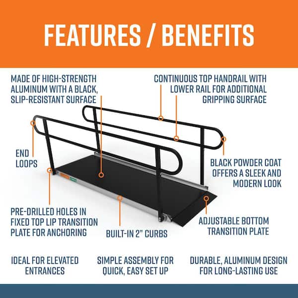 GATEWAY 3G 8 ft. Aluminum Solid Surface Black Wheelchair Ramp with Black 2-Line Handrails