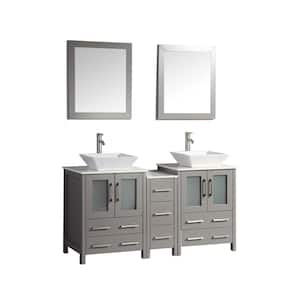 Ravenna 60 in. W x 18.5 in. D x 31.1 in. H Bathroom Vanity in Grey with Double Basin Top in White Quartz and Mirror