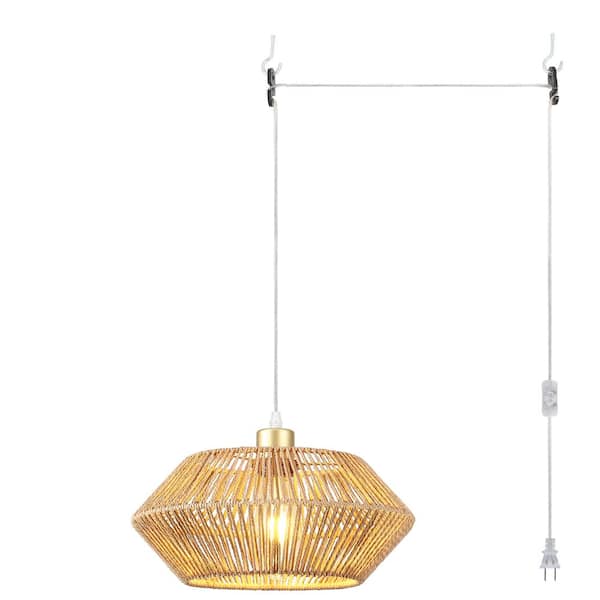 1-Light Gold Bohemian Geometric Plug-in Modern Chandelier with Hand-woven Shading