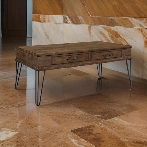 Benjara Itti 43.5 in. Brown and Bronze Rectangle Wood Coffee Table with 2 Drawers