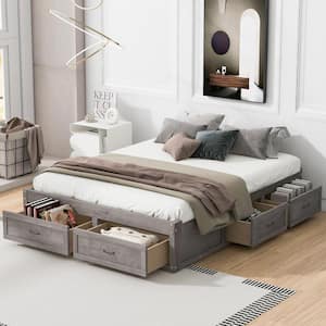 Antique Gray Wood Frame Queen Size Retro Platform Bed with 6 Storage Drawers