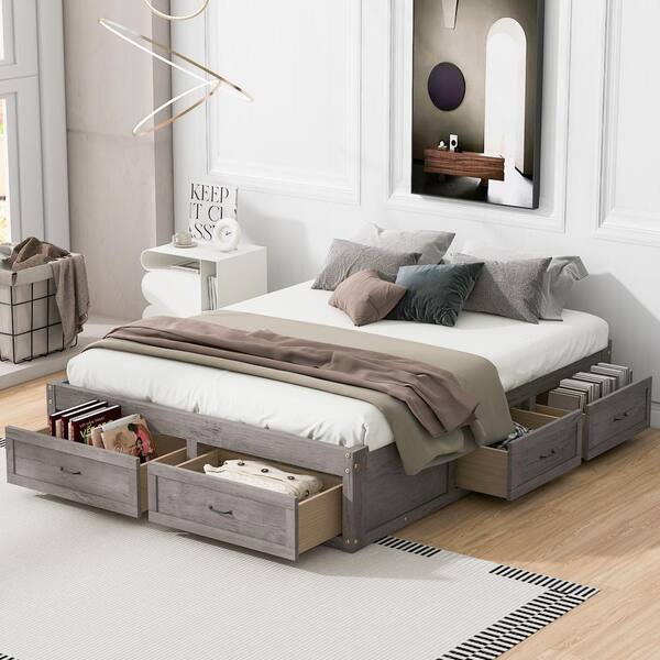 Antique Gray Wood Frame Queen Size Retro Platform Bed with 6 Storage Drawers