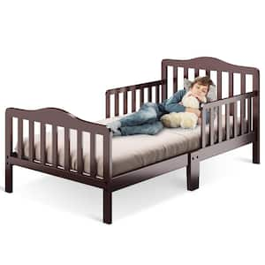 Kids Toddler Wood Bed Bedroom Furniture w/ Guardrails Brown