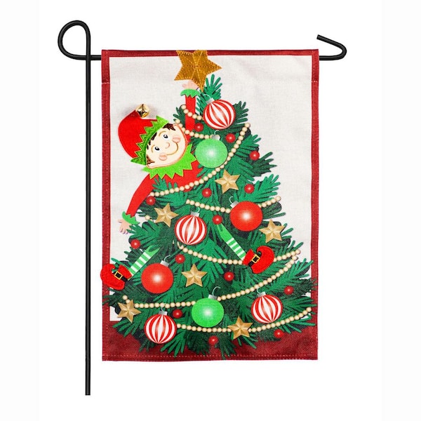 Evergreen 18 in. x 12.5 in. Elf Trouble Garden Burlap Flag