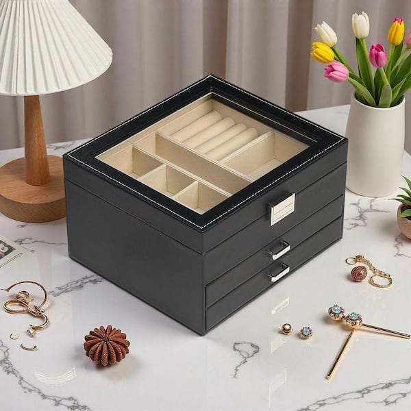 Black 3 Layers Rectangular Clear Lid Jewelry Box with 2 Drawers