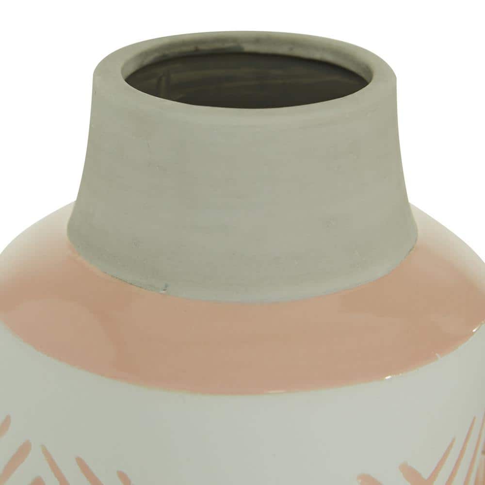 Set of 2 Pink and White Ceramic Geometric Decorative Vases