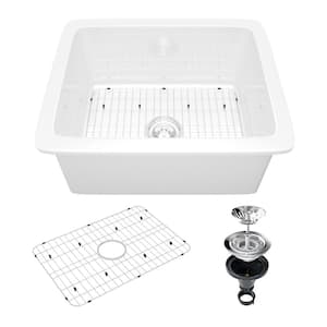 24 in. Undermount Single Bowl Glossy White Fireclay Kitchen Sink with Bottom Grid and Basket Strainer, cUPC Certified
