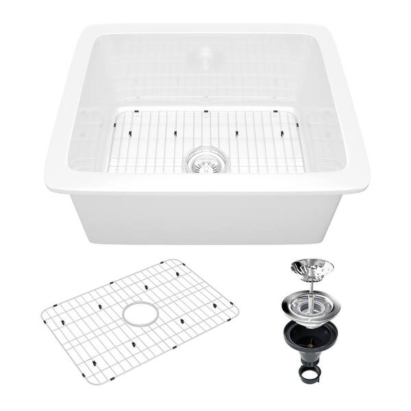 CASAINC 24 in. Undermount Single Bowl Glossy White Fireclay Kitchen Sink with Bottom Grid and Basket Strainer, cUPC Certified