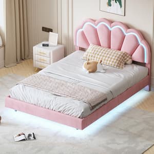 Floating Style Pink Wood Frame Full Size Upholstered Platform Bed with Smart LED and Elegant Flower Pattern Headboard