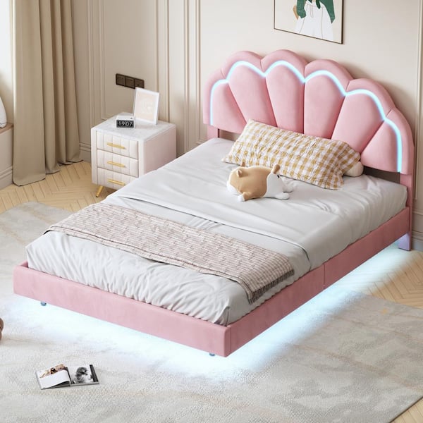 Harper & Bright Designs Floating Style Pink Wood Frame Full Size Upholstered Platform Bed with Smart LED and Elegant Flower Pattern Headboard