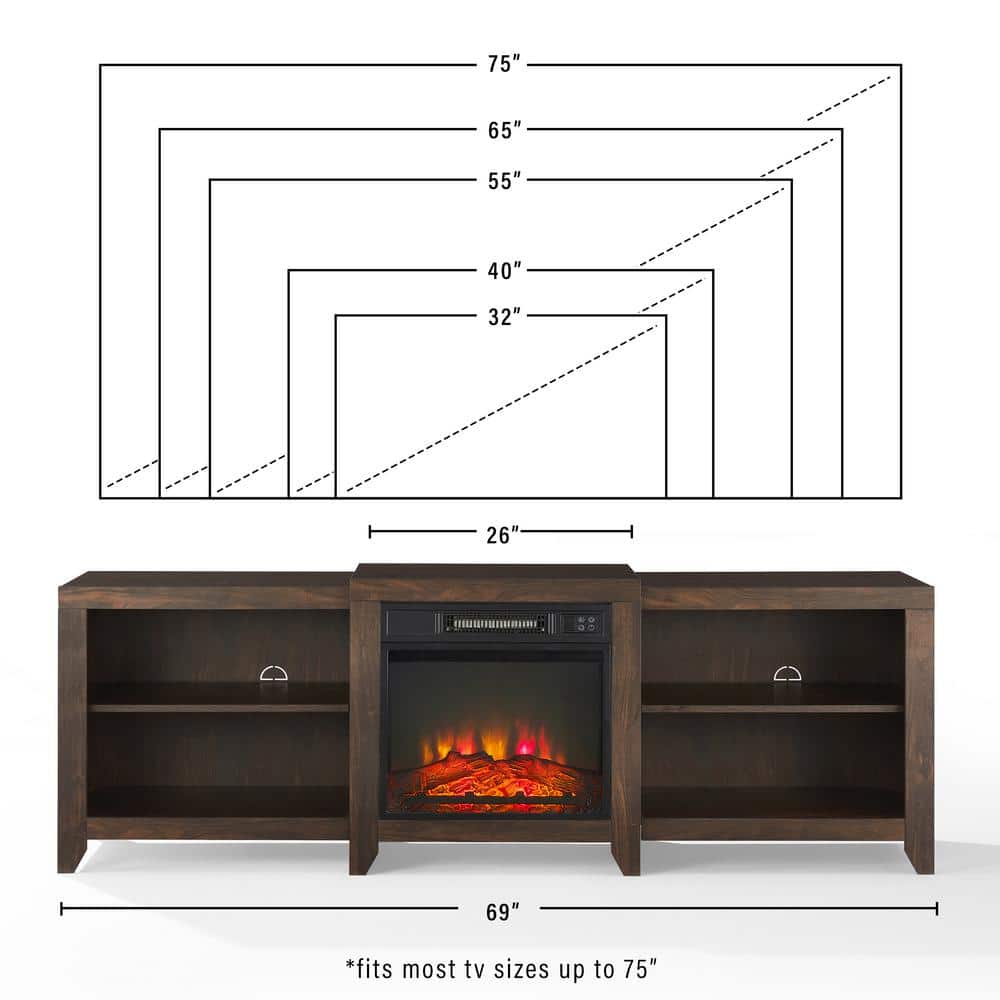 Dark Walnut Low-Profile Media Console with Electric Fireplace