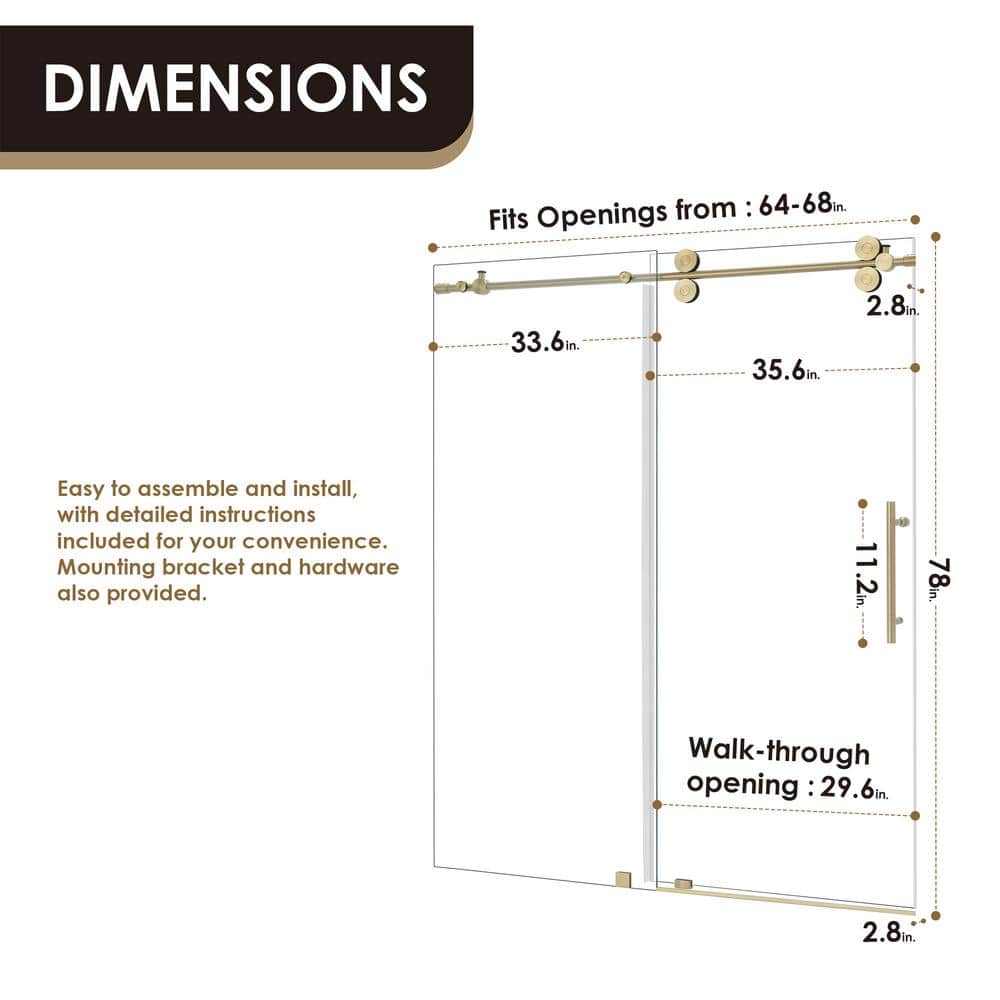 Gold and Clear Glass Frameless Sliding Shower Door, 68" x 78"