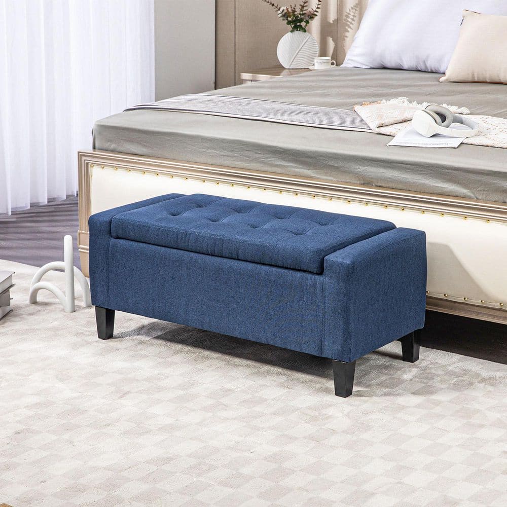 Storage Ottoman, Polyester Linen Upholstered Storage Bench with Lift Top and Button Tufted for Living Room, Dark Blue