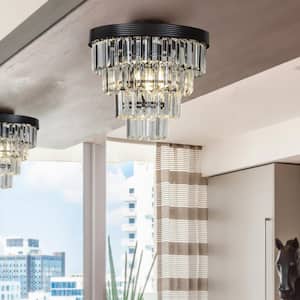 3-Light Tiered Black Mini Flush Mount Ceiling light for Hallway and Bedroom With Clear Crystals