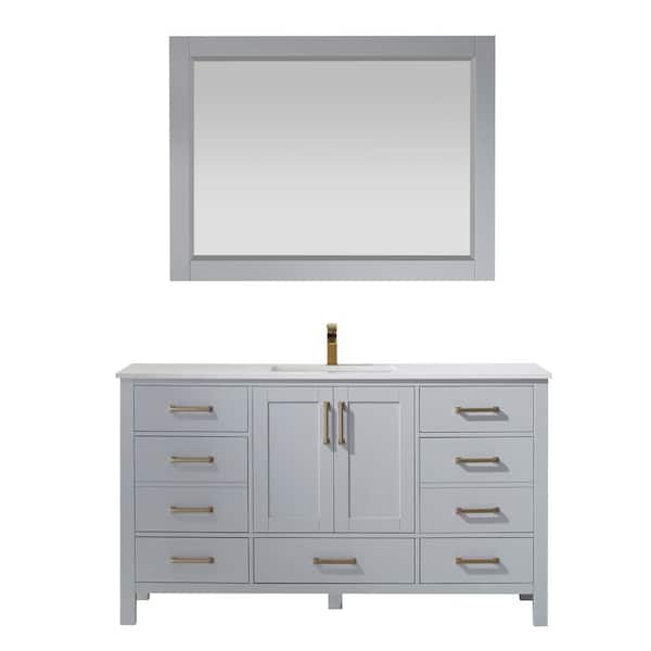 ROSWELL Shannon 60 in. Bath Vanity in Grey with Manufactured Stone Vanity Top in White with White Basin and Mirror