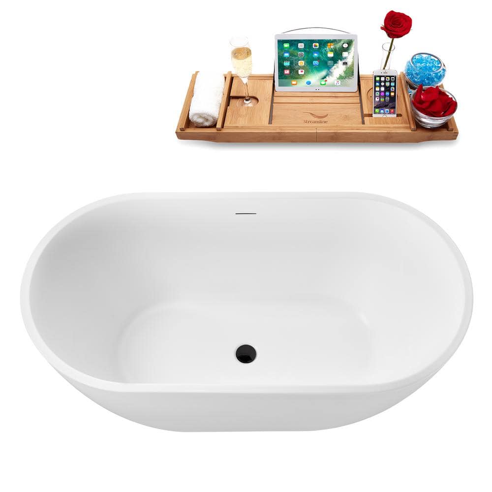 55" Glossy White Acrylic Freestanding Tub with Matte Black Hardware