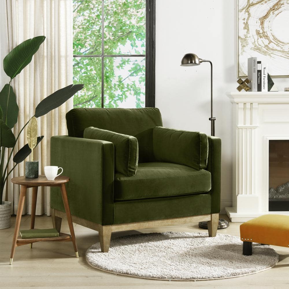 Olive Green Velvet Chaise with Wood Frame, 36"