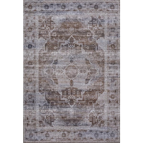 Alanya Ornate Medallion Machine-Washable Brown/Light Gray 8 ft. x 10 ft. Area Rug