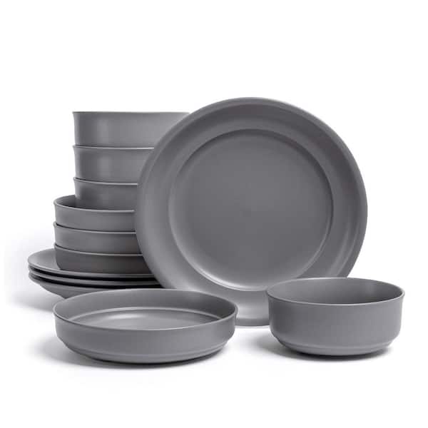 Rimmed 12-Piece Semi-Matte Charcoal Hand-Finished Stoneware Dinnerware Set, Service for 4